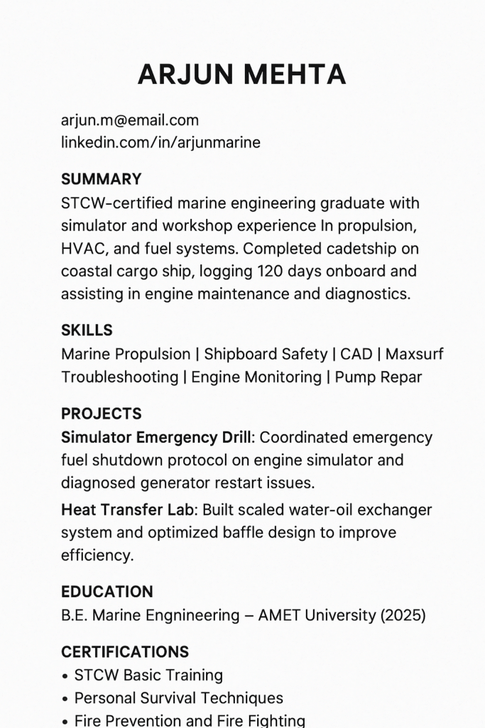 Entry-Level Marine Engineer Resume Sample