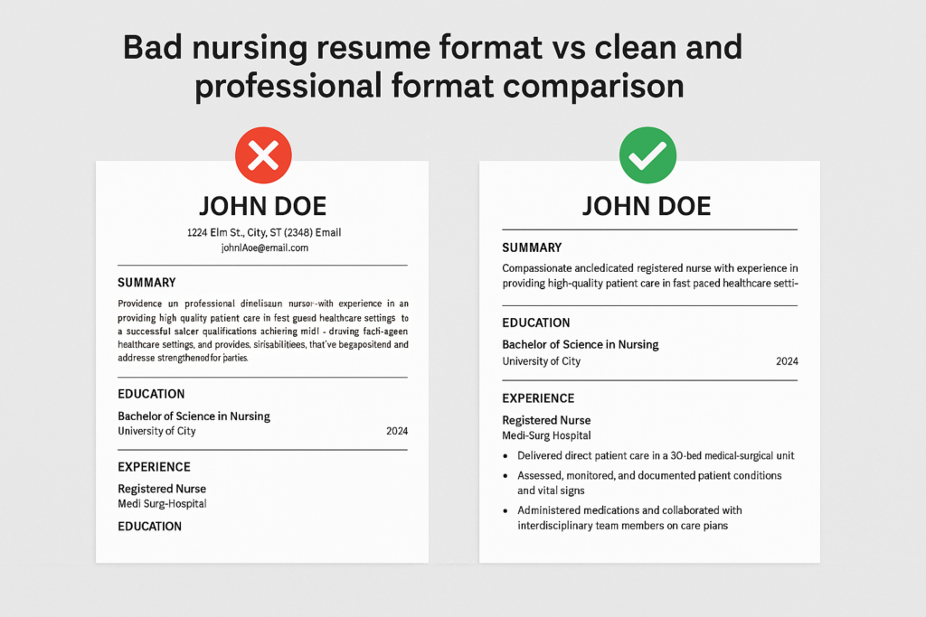 Bad nursing resume format vs clean and professional format comparison