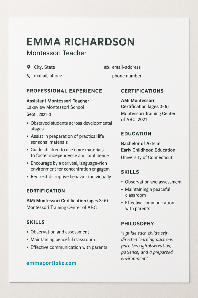 Montessori teacher resume sample with AMI certification and child-led classroom focus